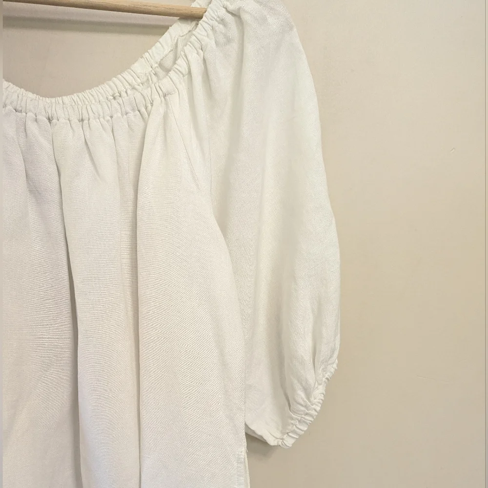 Tommy Bahama White Linen Dress Preppy Beach Puff Sleeve‎ Coastal